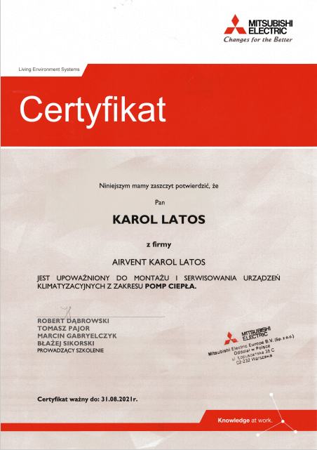 Skan certyfikatu firmy Airvent Karol Latos, upoważniającego do montażu i serwisowania urządzeń klimatyzacyjnych z zakresu pomp ciepła marki Mitsubishi Electric, ważny do 31.08.2021.