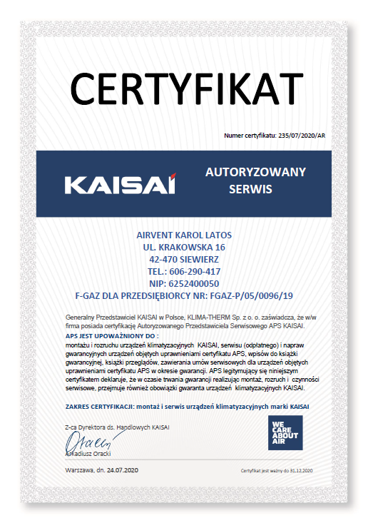 Skan certyfikatu autoryzacji serwisu klimatyzacji marki Kaisai, z danymi firmy Airvent Karol Latos i zakresem certyfikacji obejmującym montaż i serwis urządzeń klimatyzacyjnych.