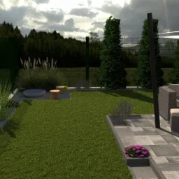 Wizualizacja ogrodu z zielonym trawnikiem, metalową siatką ogrodzeniową, roślinami ozdobnymi, miejscem wypoczynkowym z meblami rattanowymi pod białym żaglem przeciwsłonecznym i ścieżką z szarych płyt.