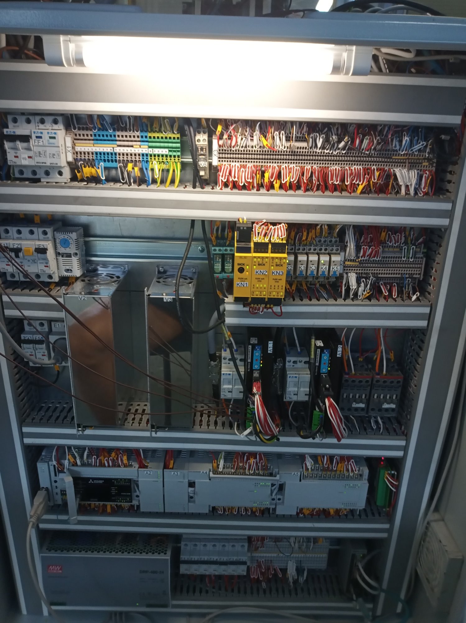 Rozdzielnica elektryczna z modułami sterującymi, zabezpieczeniami i okablowaniem, widoczne moduły SICK, Mitsubishi Electric i Mean Well, przewody oznaczone kolorami i numerami.