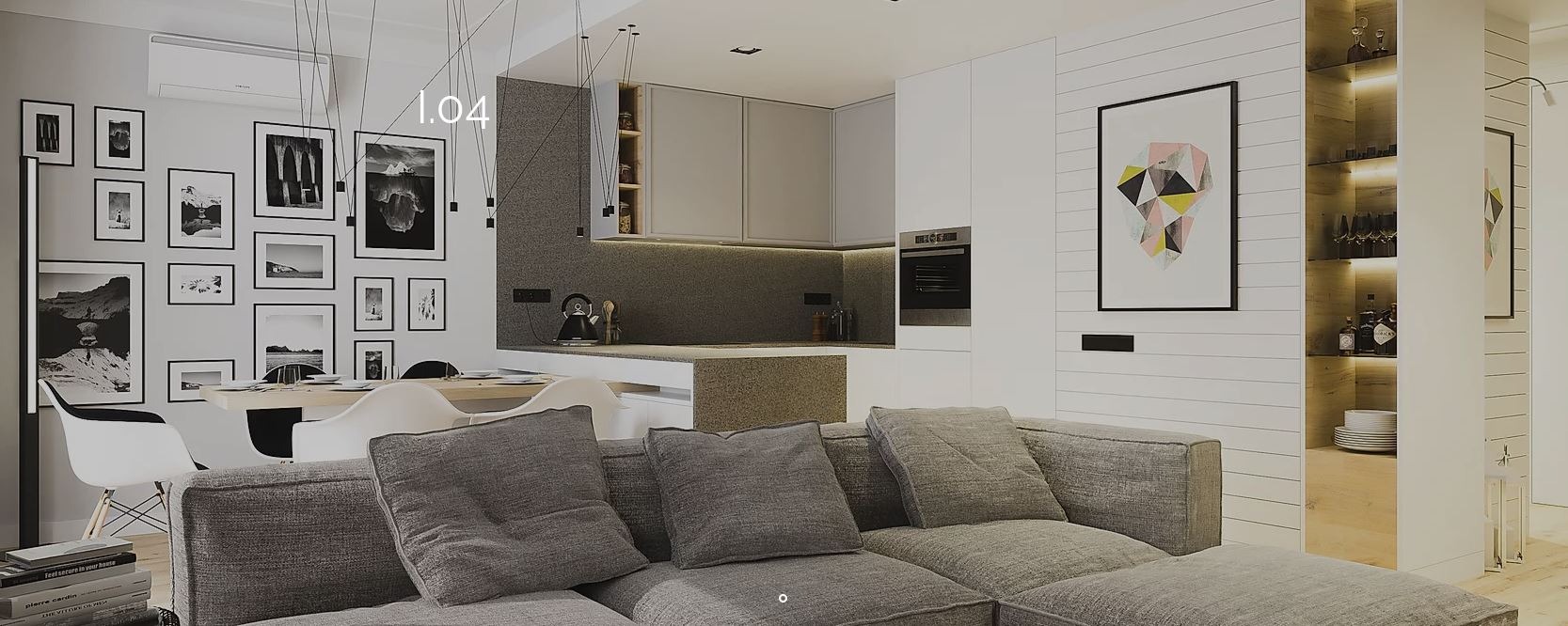 Nowoczesny salon z szarą sofą modułową, galerią czarno-białych zdjęć na ścianie, aneksem kuchennym z szarym blatem i oświetleniem LED, oraz regałem z podświetlanymi półkami na alkohol i szkło.