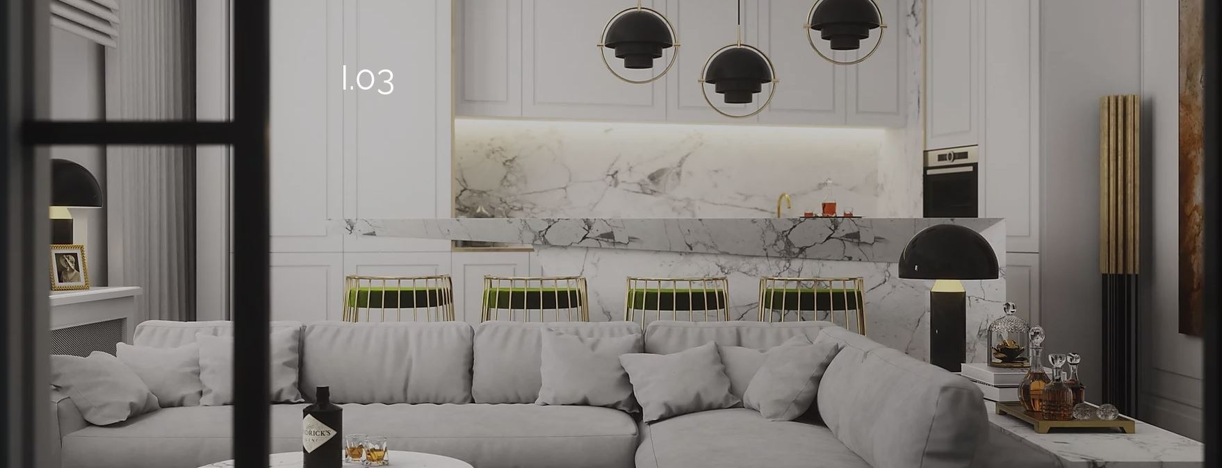 Nowoczesne wnętrze: szara sofa narożna, marmurowy blat barowy z zielonymi hokerami, designerskie lampy wiszące i dekoracyjne akcenty, takie jak butelka ginu i szklanki na stoliku kawowym.