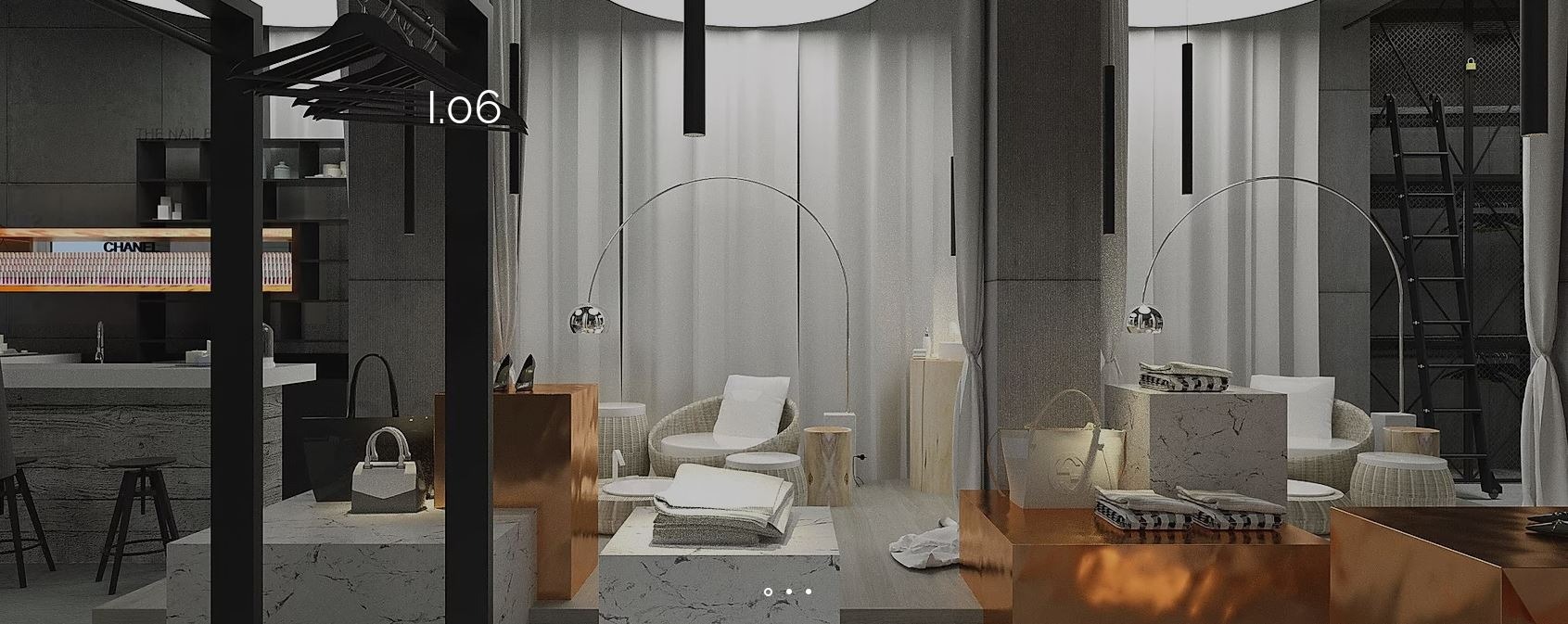 Wnętrze butiku z elementami wykonanymi na wymiar: marmurowe bloki, miedziane podesty, minimalistyczne oświetlenie i rattanowe krzesła.