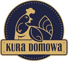 Logo firmy Kura Domowa: stylizowany kogut w czapce kucharskiej na ciemnoniebieskim tle w złotej obwódce z napisem KURA DOMOWA w złotym prostokącie.