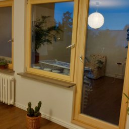 aceco Wojciech Szewczyk - Wnętrze pokoju z drewnianą ramą okienną, widoczne rośliny doniczkowe, grzejnik i lampa wisząca.