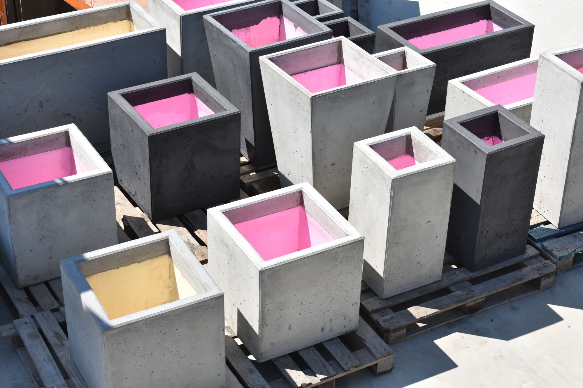 Różnorodność betonowych donic w kształcie sześcianów i prostopadłościanów, niektóre z różowym wnętrzem, stojących na palecie w jasnym świetle słonecznym.