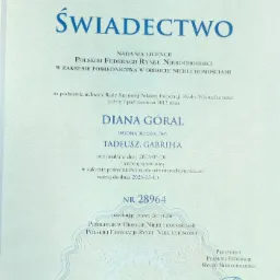 Skan świadectwa nadania licencji pośrednika w obrocie nieruchomościami dla Diany Góral, wydane przez Polską Federację Rynku Nieruchomości w Warszawie, ważne do 2026-05-10.