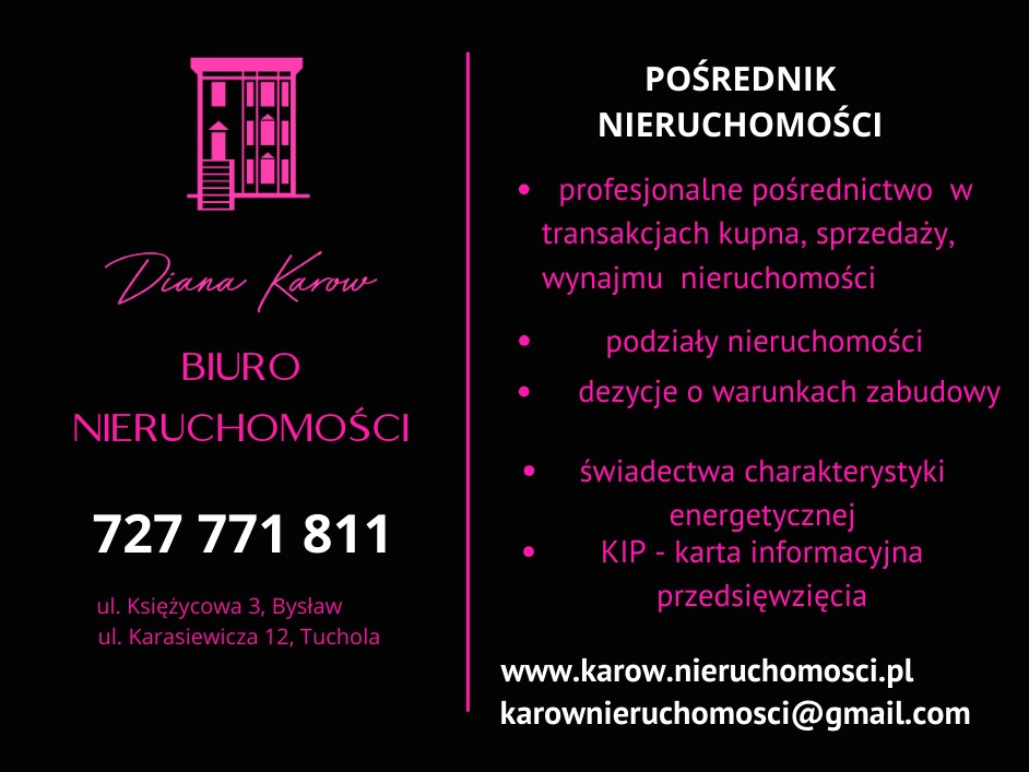 Logo biura nieruchomości Diana Karow z różowym symbolem budynku, numerem telefonu i adresem, obok lista usług pośrednictwa, podziałów nieruchomości, decyzji o warunkach zabudowy, świadectw...