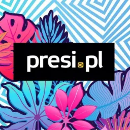 Grafika z adresem strony internetowej presi.pl na czarnym tle, otoczona kolorowymi, tropikalnymi liśćmi na tle z niebieskimi pasami.