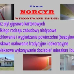 Kompozycja zdjęć prezentująca usługi firmy budowlanej: długi korytarz z białymi ścianami, fragment sufitu, dom jednorodzinny z białym gankiem, pomalowane na czerwono wnętrze oraz dekoracyjne...