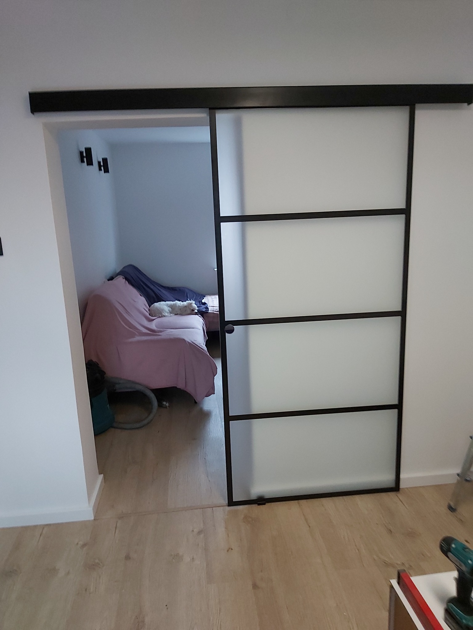 Zamontowane przesuwne drzwi loftowe z matowym szkłem w Kaliszu Pomorskim, widok z boku na pokój z kanapą i leżącym psem, na podłodze narzędzia.