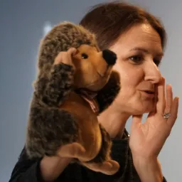 Kobieta z pierścionkiem na palcu, trzymająca pluszowego jeża z zawiązaną pod szyją chusteczką, prezentuje go podczas występu we Wrocławiu.