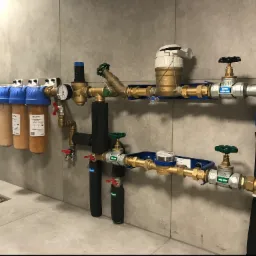 Kompleksowa instalacja wodna z filtrami, zaworami i licznikami, zamontowana na szarej ścianie z płytek, widoczny odpływ podłogowy.