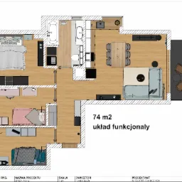 Rzut z góry mieszkania o powierzchni 74m2, prezentujący układ funkcjonalny z trzema sypialniami, łazienką, kuchnią, jadalnią, salonem i balkonem.