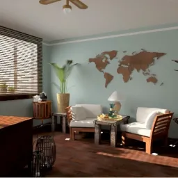 Jasne wnętrze z drewnianymi akcentami: mapa świata na ścianie, dwa białe fotele z drewnianymi ramami, drewniany wieszak na ubrania, lampa stołowa, roślina w plecionym koszu, maska na ścianie...