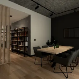Wizualizacja nowoczesnego wnętrza biura z drewnianą ścianką działową, regałem na książki, stołem z krzesłami i betonowym sufitem.
