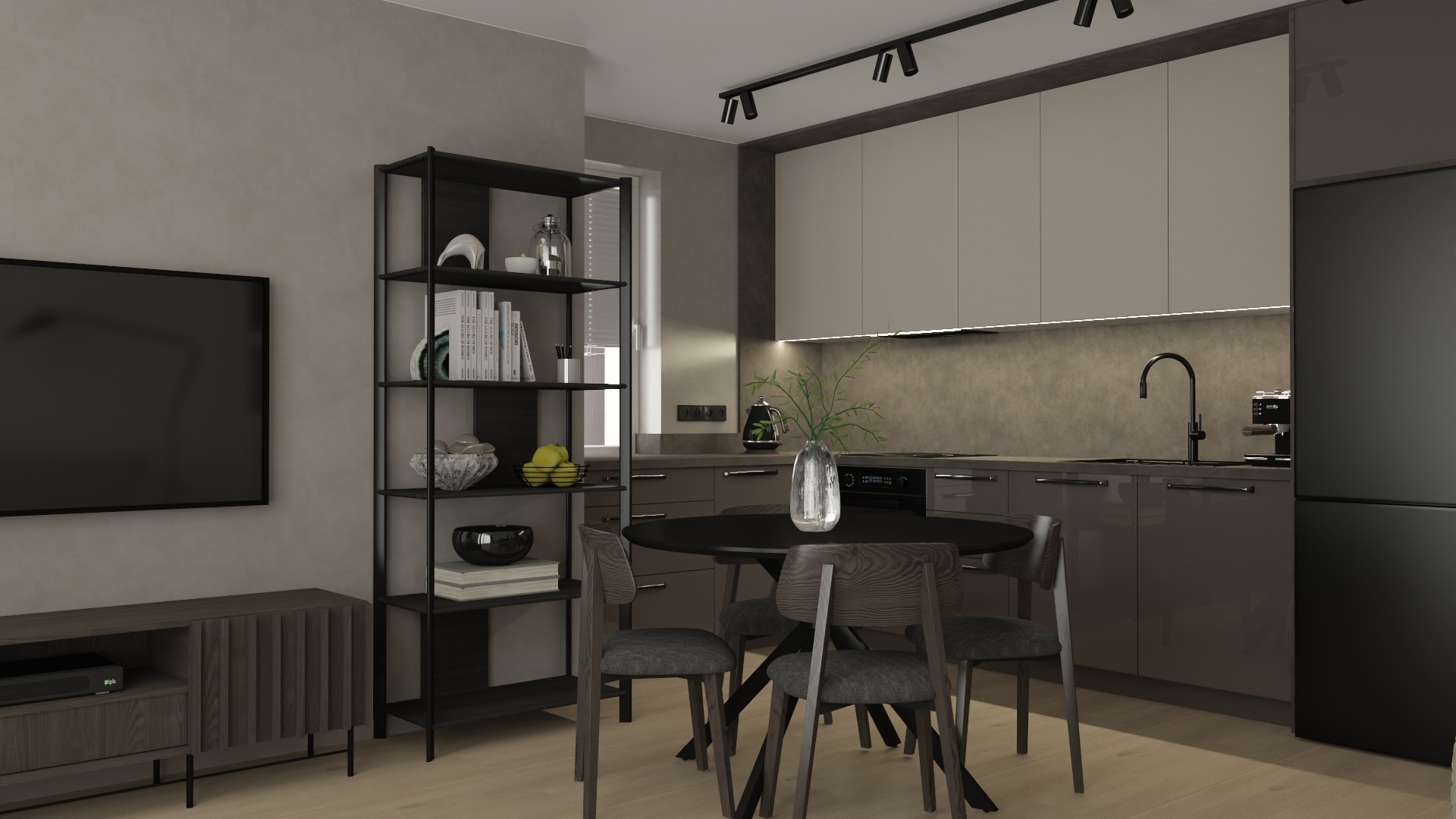 Wizualizacja nowoczesnej kuchni z jadalnią w Gdańsku, z czarnym okrągłym stołem i krzesłami, na tle zabudowy kuchennej w odcieniach szarości i beżu, z widoczną półką z dekoracjami i telewizorem.
