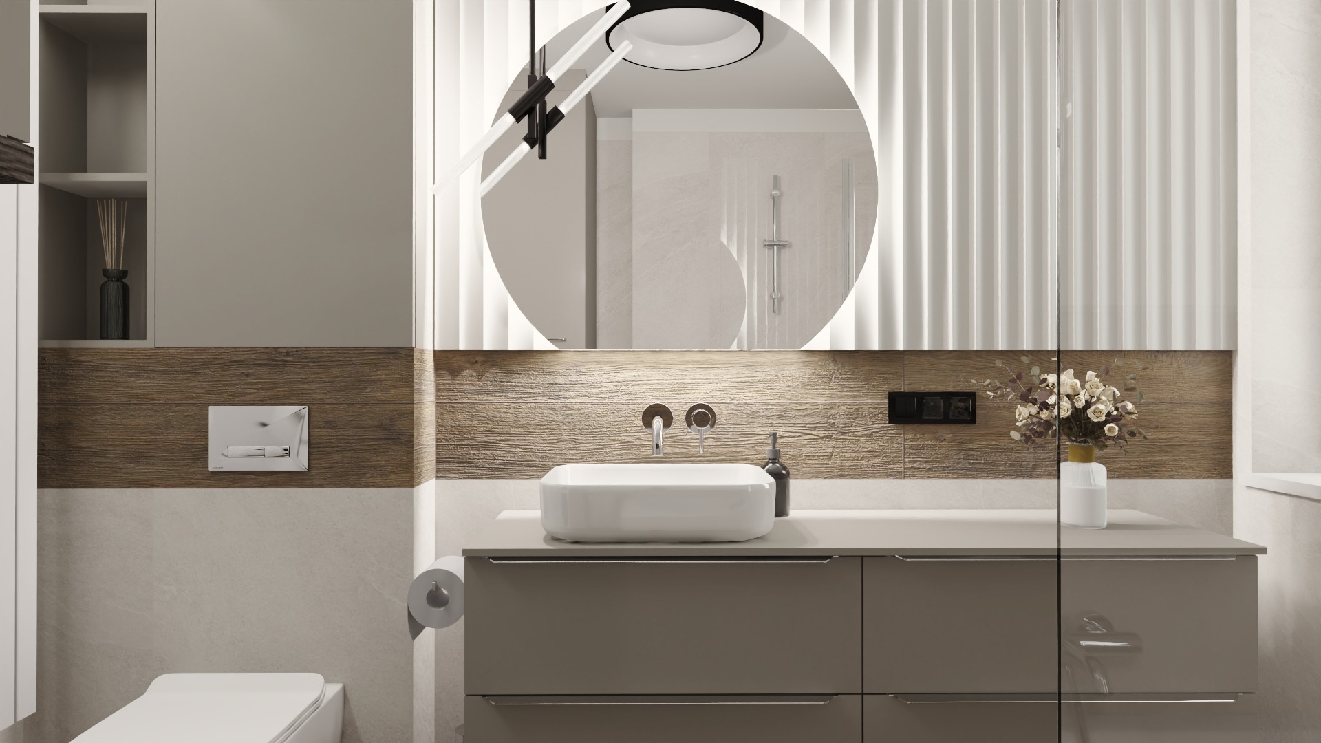Nowoczesna łazienka z okrągłym lustrem podświetlanym LED, białą umywalką nablatową, szarobrązowymi szafkami, drewnopodobną okładziną ścienną i dekoracyjnymi panelami ściennymi. Widoczne również...