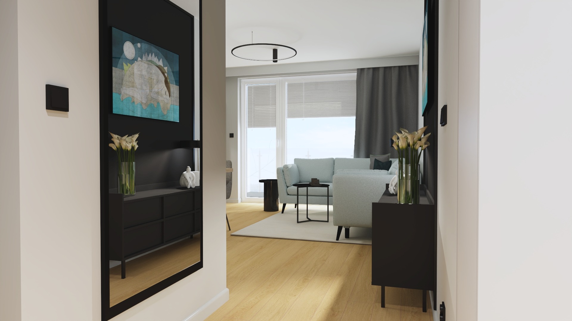 Wnętrze mieszkania w jasnych kolorach, z drewnianą podłogą, szarą zasłoną, jasną sofą, stolikiem kawowym, czarną komodą z wazonem z białymi kwiatami i abstrakcyjnym obrazem na ścianie, widoczne...