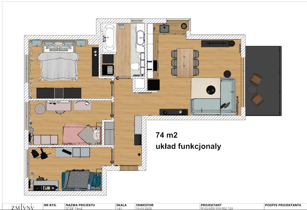 Rzut z góry mieszkania o powierzchni 74m2, prezentujący układ funkcjonalny z trzema sypialniami, łazienką, kuchnią, jadalnią, salonem i balkonem.