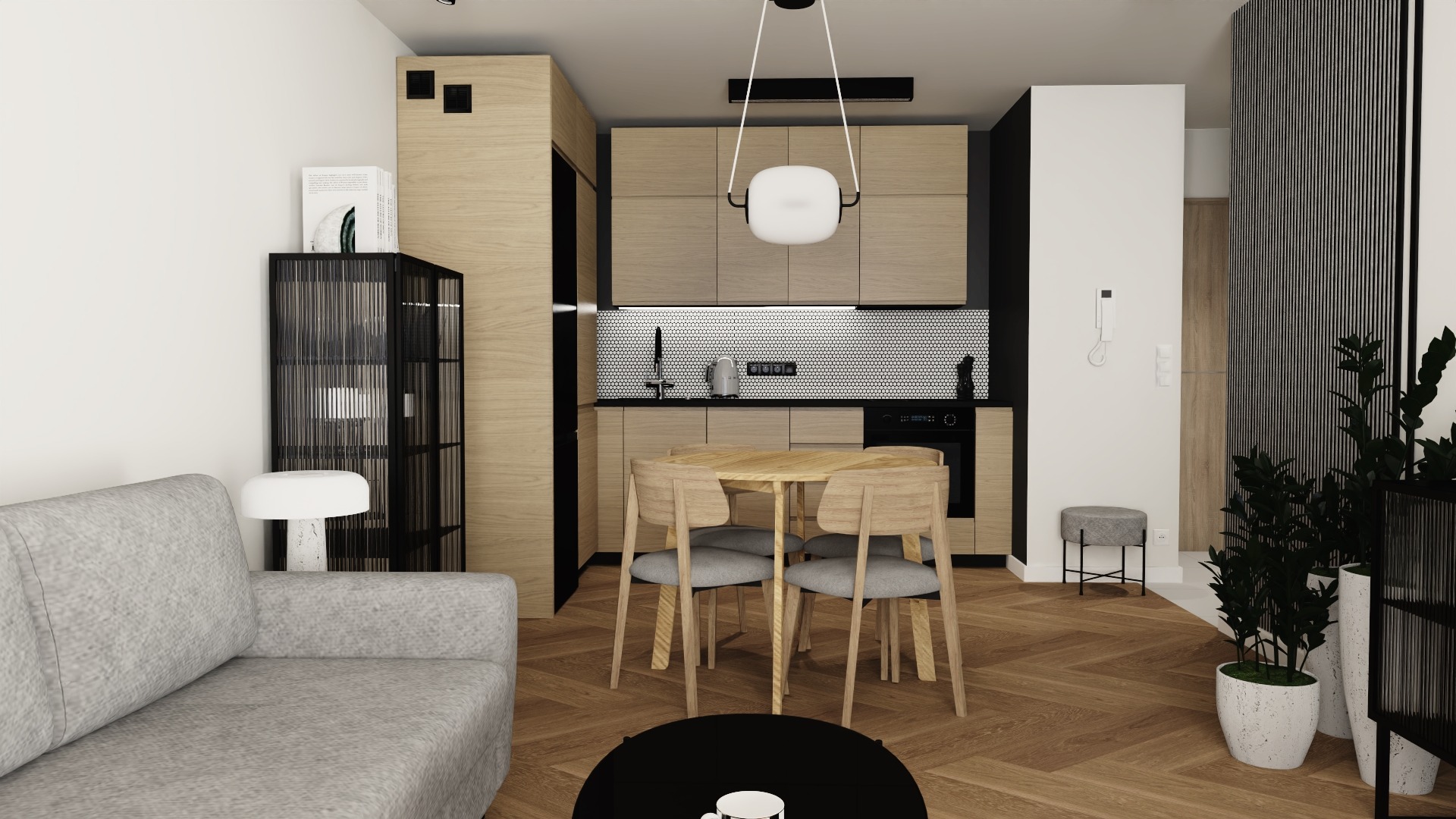 Wizualizacja wnętrza: salon z aneksem kuchennym w odcieniach beżu i szarości, parkiet w jodełkę, okrągły stół z krzesłami, szara sofa, lampa wisząca o nietypowym kształcie, czarne akcenty dekoracyjne.