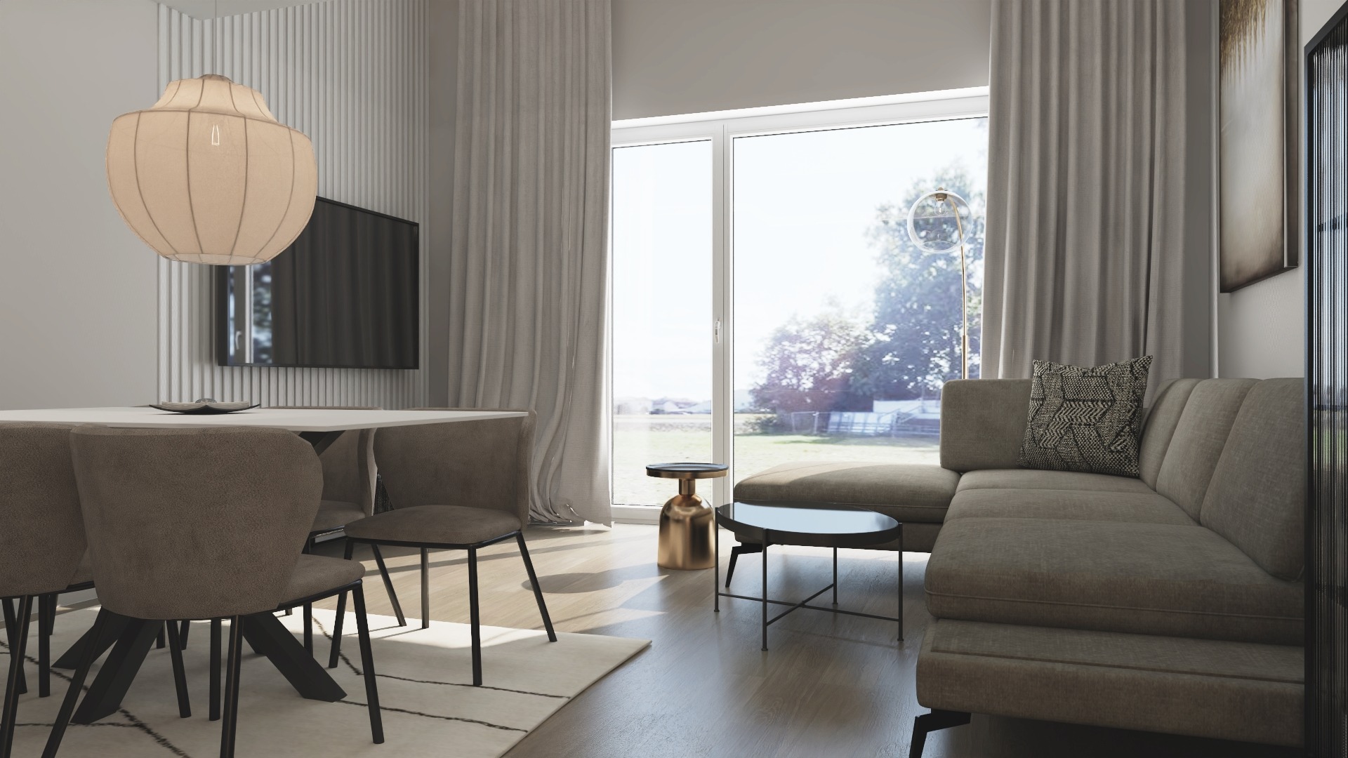 Wnętrze salonu z jadalnią w stonowanych barwach ziemi, z dużym oknem wychodzącym na ogród, okrągłym stolikiem kawowym i lampą wiszącą z abażurem w kształcie kuli.