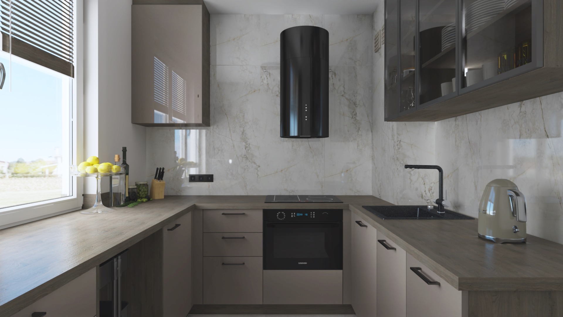 Wizualizacja kuchni w beżach z drewnianym blatem, czarnym okapem cylindrycznym i widokiem z okna na zieleń.