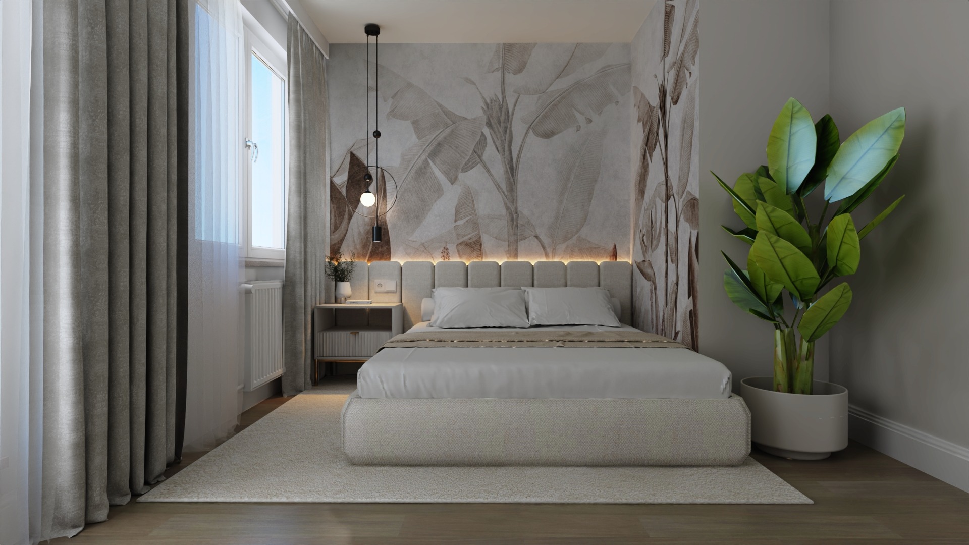 Jasna sypialnia z łóżkiem kontynentalnym, tapetą w motywy roślinne i wiszącą lampą, uzupełniona rośliną doniczkową i dywanem.