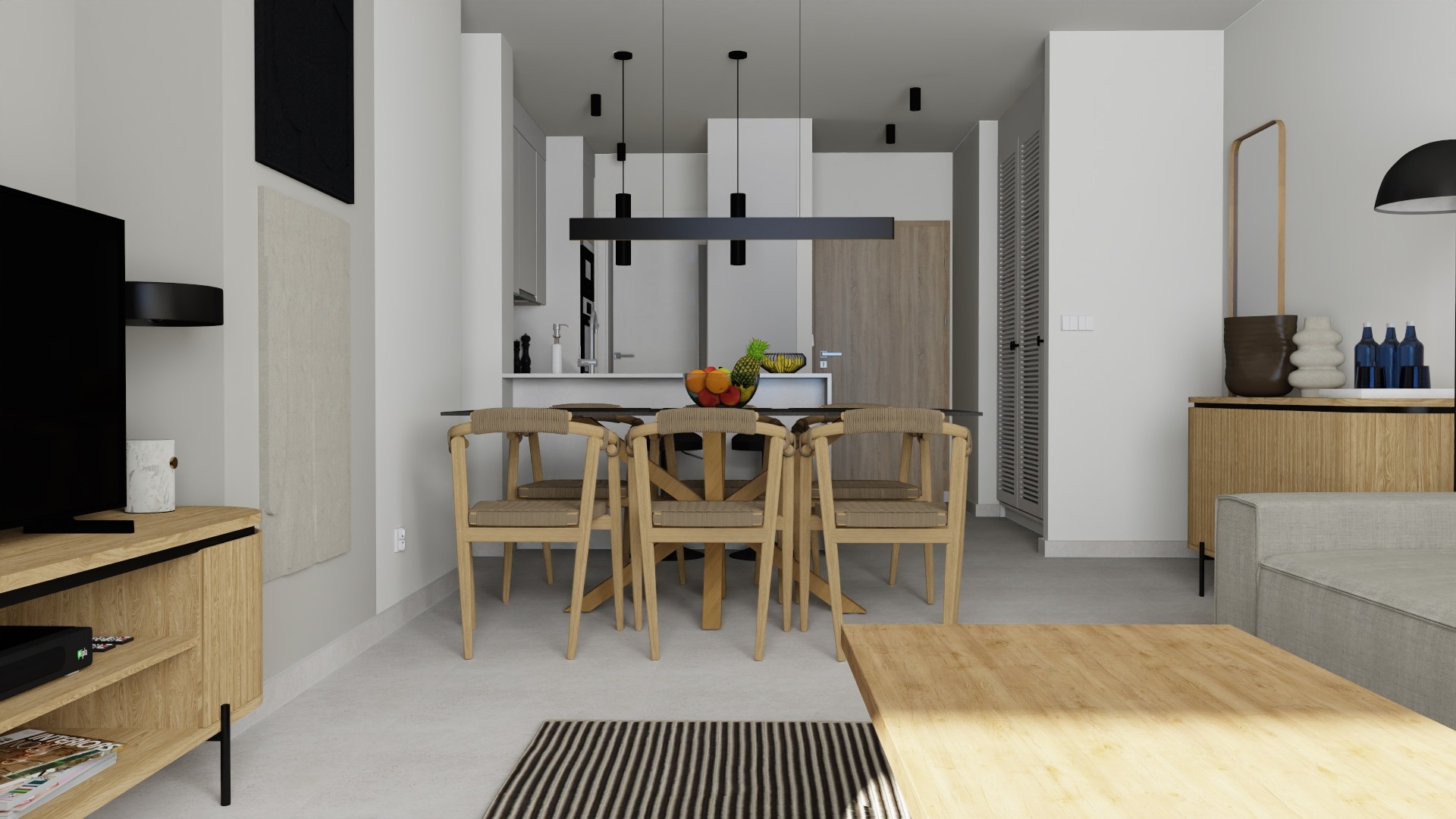 Wizualizacja wnętrza mieszkania z otwartą kuchnią, jadalnią i salonem. Widoczny stół z owocami, krzesła z plecionymi siedziskami, drewniana komoda z dekoracjami i fragment sofy. Nad stołem podłużna...