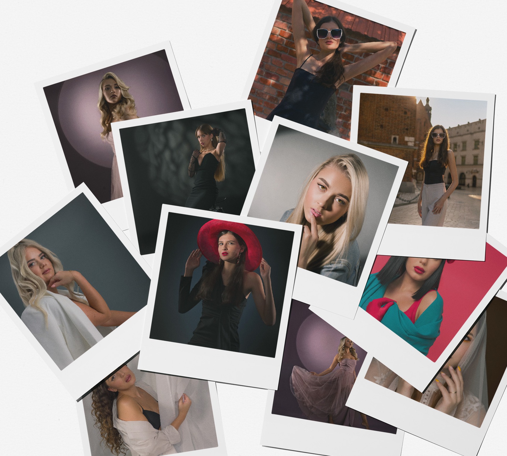 Kolaż polaroidów z portretami kobiet w różnych stylizacjach i sceneriach, od miejskich po studyjne, zróżnicowane oświetlenie i ubiór.
