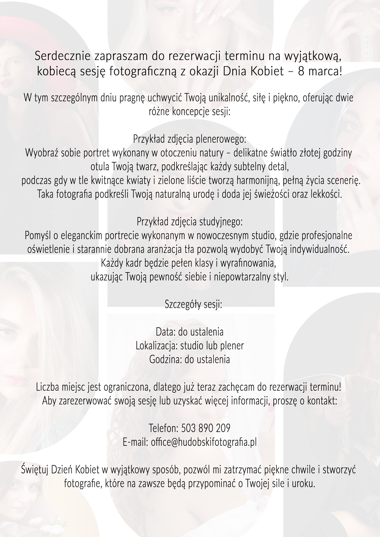 Grafika reklamowa studia fotograficznego zapraszająca na kobiecą sesję zdjęciową z okazji Dnia Kobiet, prezentująca opisy sesji plenerowej i studyjnej oraz dane kontaktowe.