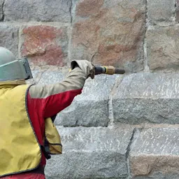 Pracownik w kombinezonie ochronnym i hełmie czyści kamienną elewację strumieniem z dyszy, widoczne różnice w kolorze kamienia przed i po czyszczeniu.