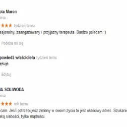 Zrzut ekranu z dwiema opiniami klientów, Doroty Maron i Anny Soliwody, oceniających usługi na pięć gwiazdek, z pochwałami dla terapeuty i zachętą do szukania pomocy.