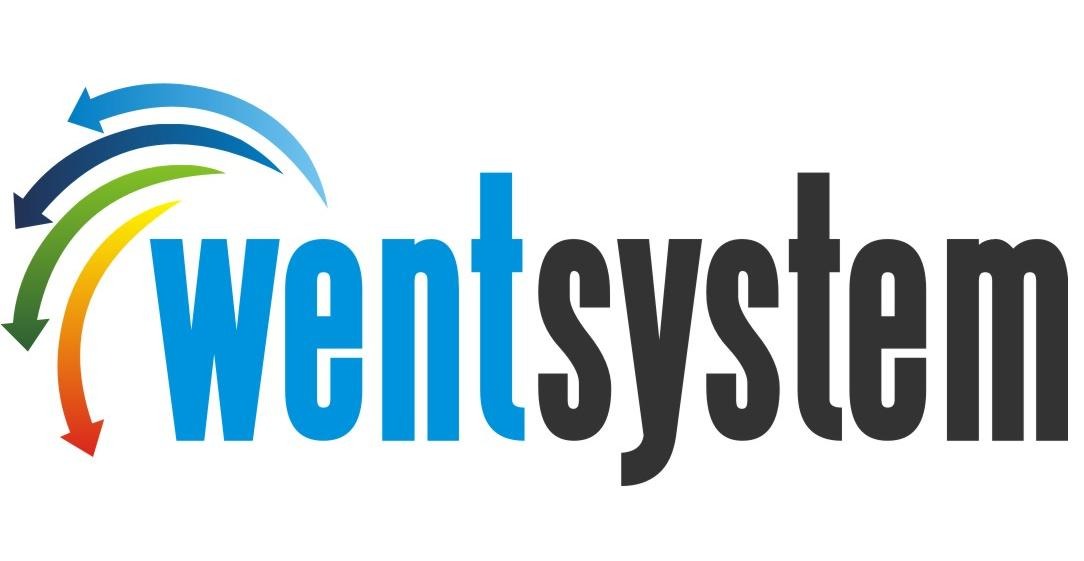 Logo firmy Wentsystem z niebieskim napisem i symbolami strzałek w kolorach niebieskim, zielonym i żółtym.