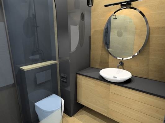 Nowoczesna łazienka z kabiną prysznicową ze szklanymi drzwiami, podwieszaną toaletą i okrągłym lustrem z oświetleniem nad umywalką.