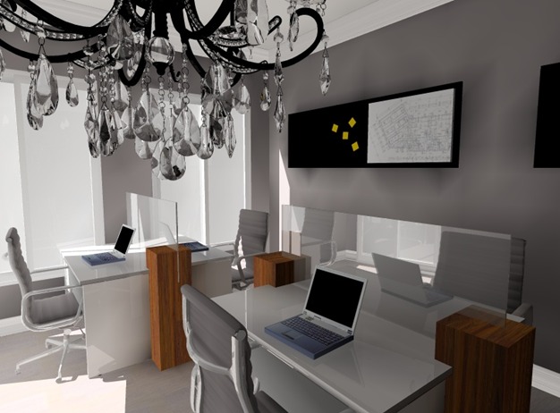 Wizualizacja nowoczesnego biura z kryształowym żyrandolem, białymi biurkami z laptopami, szarymi krzesłami i tablicą z planami na ścianie.