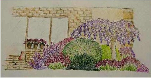 Szkic perspektywiczny ogrodu z kwitnącą glicynią przy ceglanym murze i oknie z doniczkami, prezentujący koncepcję zagospodarowania przestrzeni.
