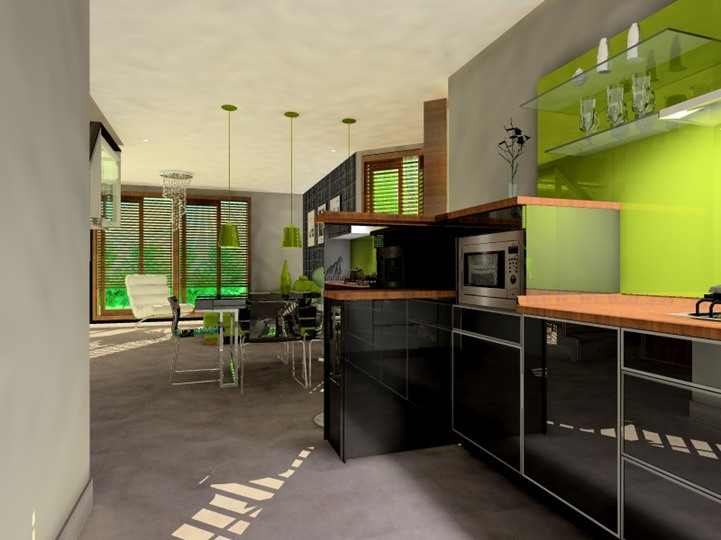 Wizualizacja nowoczesnej kuchni z czarnymi szafkami, drewnianym blatem i zielonymi akcentami, widok na jadalnię z białymi krzesłami i dużymi oknami z żaluzjami.