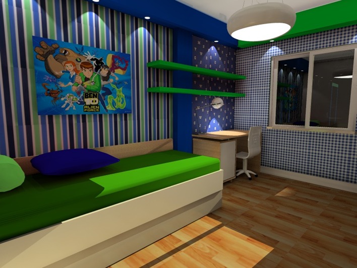 Pokój dziecięcy z łóżkiem z zielonym materacem i niebieską poduszką, biurkiem pod oknem, półkami i plakatem z bohaterami kreskówki Ben 10 na ścianie w paski.