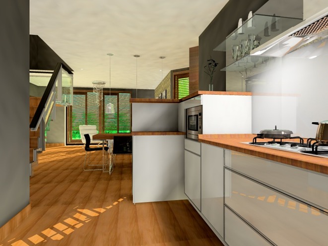 Wizualizacja nowoczesnej kuchni z białymi szafkami i drewnianym blatem, widok na jadalnię i schody w tle, oświetlenie słoneczne na drewnianej podłodze.
