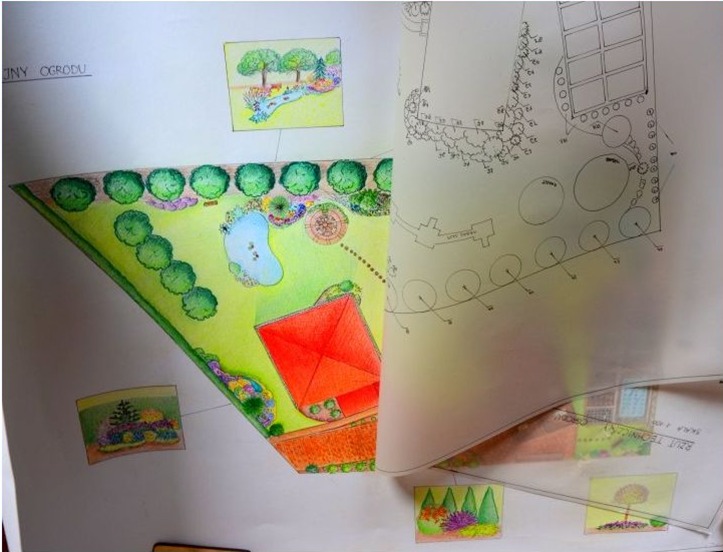 Ręcznie rysowany plan ogrodu z elementami akwareli, przedstawiający układ drzew, oczka wodnego i budynku z czerwonym dachem, uzupełniony o dodatkowe szkice detali roślinnych.