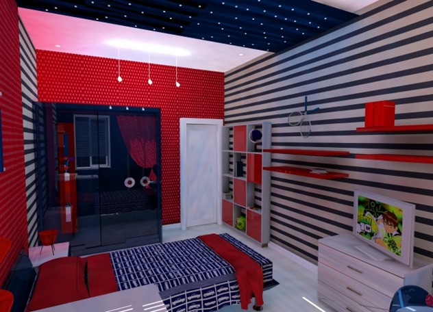 Pokój dziecięcy z czerwono-granatową kolorystyką, łóżko z wzorem samochodzików, ściany w paski, czerwone półki i regał, sufit z imitacją gwiazd, telewizor z bajką Ben 10.