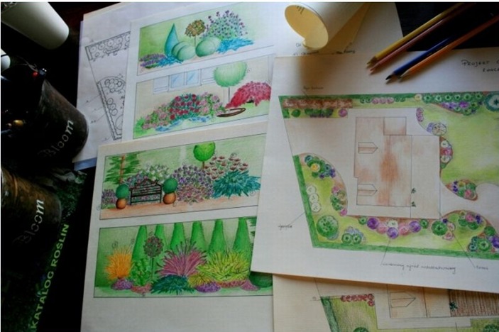 Ręcznie rysowane szkice projektu ogrodu z różnymi perspektywami i planem zagospodarowania, leżące na stole obok ołówków i katalogu roślin.