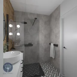 Wizualizacja nowoczesnej łazienki z kabiną prysznicową typu walk-in, umywalką nablatową i dekoracyjną ścianą z drewnianych paneli. Na podłodze wzorzyste płytki, a na ścianach szare płytki imitujące...