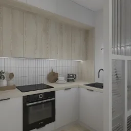 Wizualizacja nowoczesnej kuchni z białymi szafkami dolnymi i drewnopodobnymi górnymi, płyta indukcyjna, piekarnik Bosch, białe płytki na ścianie, czarny zlew i bateria, szklana ścianka działowa...