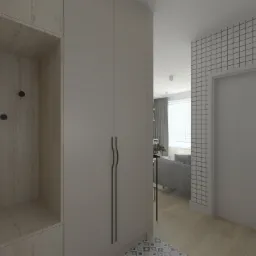 Wizualizacja przedpokoju z drewnianą szafą z otwartą wnęką na ubrania, szarą podłogą w geometryczne wzory i ścianą z motywem kratki, widok na salon z szarą kanapą.