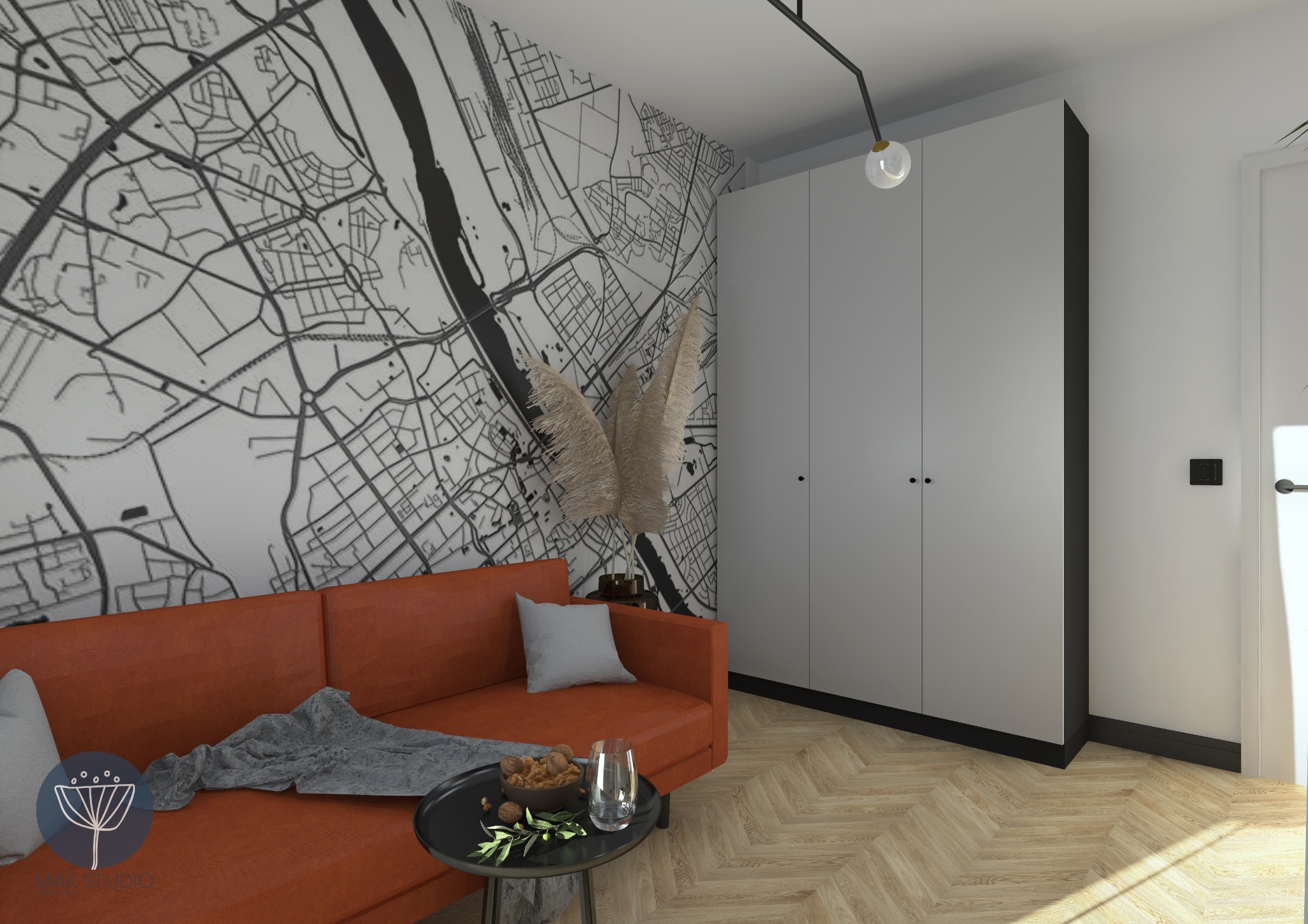 Pomarańczowa sofa z poduszką i narzutą na tle ściany z mapą, stolik kawowy z orzechami i szklanką, parkiet w jodełkę i biała szafa w minimalistycznym salonie.