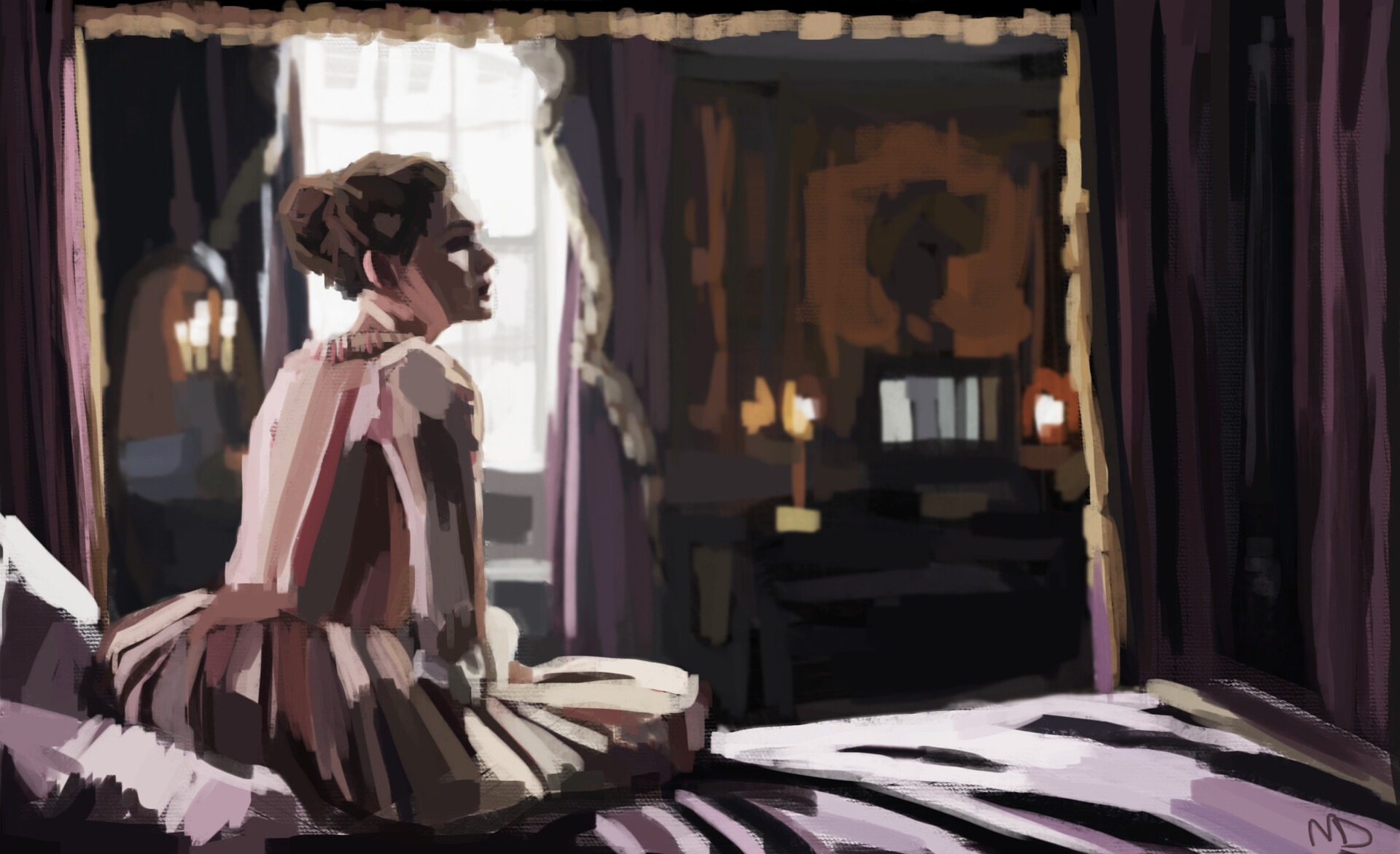 Cyfrowy obraz przedstawiający kobietę siedzącą na łóżku w pokoju z fioletowymi zasłonami, namalowany w stylu impresjonistycznym, z widocznym podpisem 'MD' w prawym dolnym rogu.