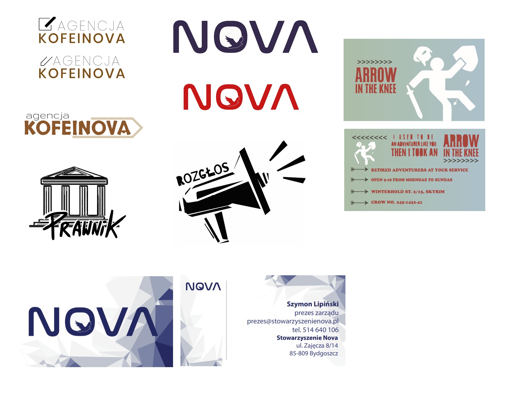 Kompilacja różnorodnych projektów logo i wizualizacji graficznych, w tym logotypów firmowych, ilustracji humorystycznych i danych kontaktowych, ukazująca spektrum umiejętności graficznych.