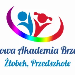 Logo Tęczowa Akademia Brzdąca z sylwetkami dzieci w tęczowym okręgu, nazwa placówki i dopisek: Żłobek, Przedszkole.